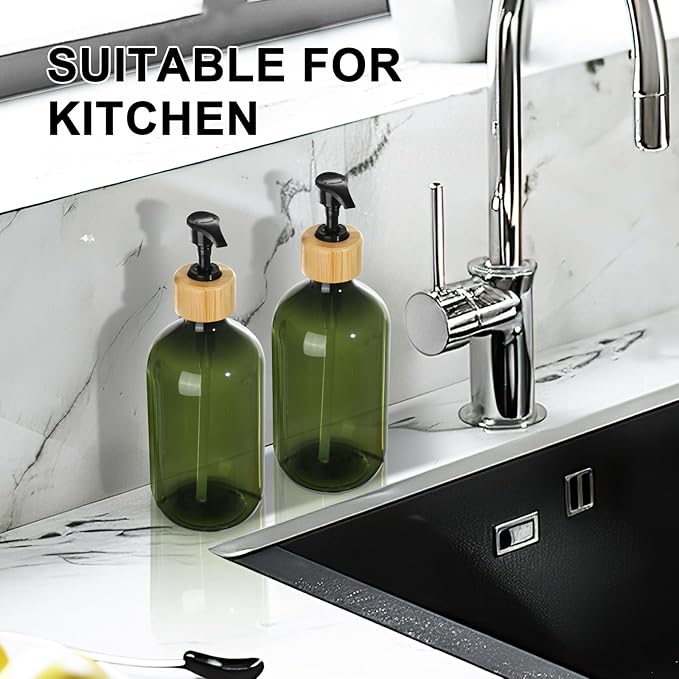 KASUNTING Green Soap Dispenser, Plastic Bathroom Soap and Lotion Dispenser Set with Bamboo Pump, 2 Pack 17 Fl Oz Hand and Dish Soap Dispensers Set for Bathroom, Refillable Liquid Soap Bottles