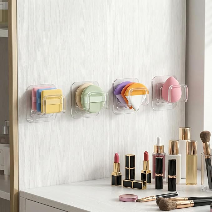 4PCS Adhesive Powder Puff Holder, Wall Mounted Sponge Caddy, Invisible Makeup Sponge Holder for Bathroom - Fits Various Powder Puffs & Saves Space (4.5 * 3.5 * 4.3cm)(Clear)