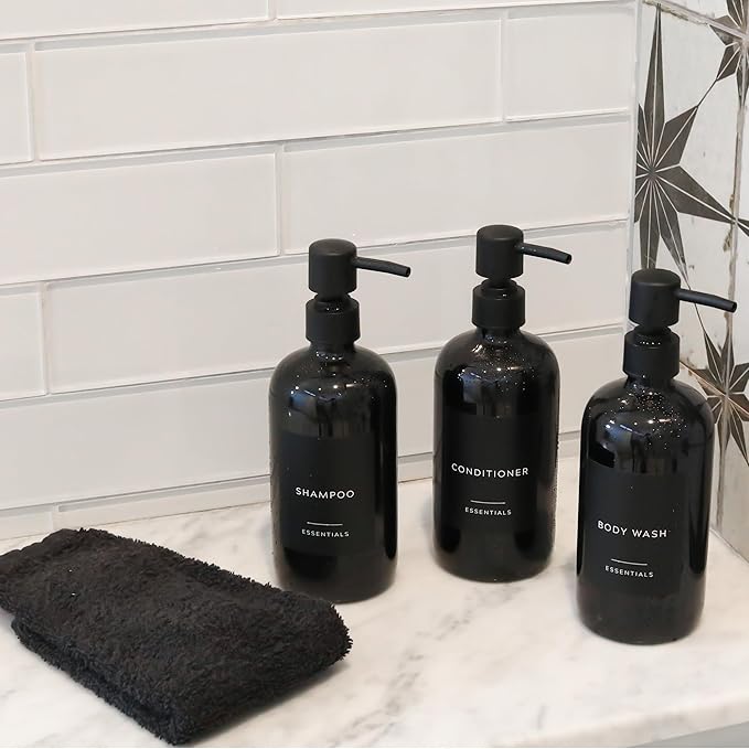 Stylish Shampoo and Conditioner Dispenser Set of 3 - Modern 21oz Shower Soap Bottles with Pump and Labels - Easy to Refill Body Wash Dispensers for an Instant Bathroom Decor Upgrade - Black