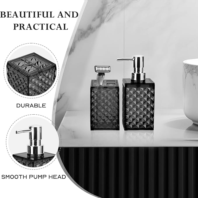 Bathroom Accessories Set 2 PCS, Black Bathroom Accessories Include Soap Dispenser and Toothbrush Holder, Diamond Pattern Bathroom Set for Boho Bathroom Decor