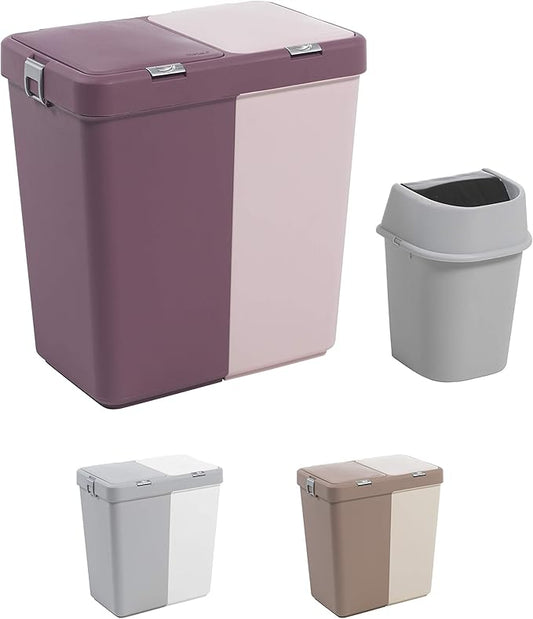 Mabel Home Plastic Laundry Hamper with Lid, 2 sections, Large Laundry Basket – Extra Trash Bin (1,6 Gallons) inc. (Pink-Purple)