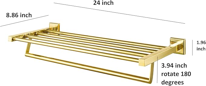 Roshan Handcrafted and Hand Polished Multi Purpose Towel Rack, Rust Proof and Peel Resistant Towel Shelf, Includes 2 Handmade Hooks (Polished Gold)