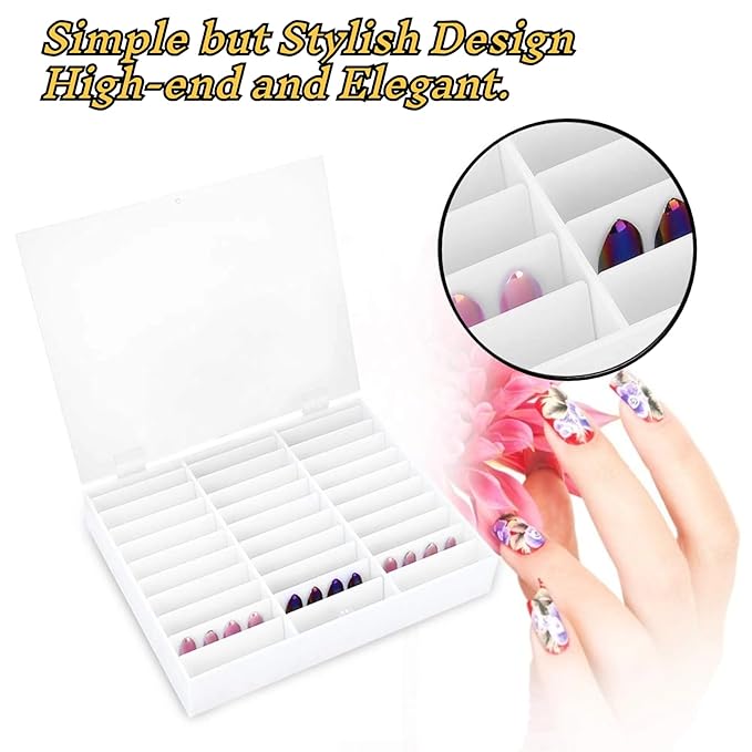 Rosvola Nail Art Display, Nail Storage Organizer Box, Empty Nail Tips Storage Box with cover Fake Nail Display Case for Nail Salon Home Use (White)