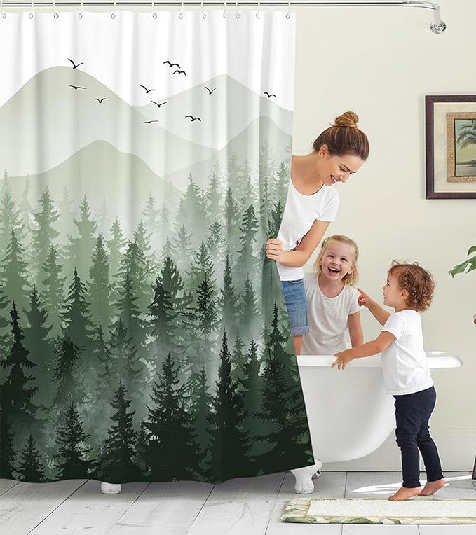 Accnicc 78 Inch Long Green Misty Forest Shower Curtain Ombre Sage Green White Mountain Pine Tree Waterproof Fabric Shower Curtains for Bathroom Nature Woodland Decorative Modern Bath Curtain Decor