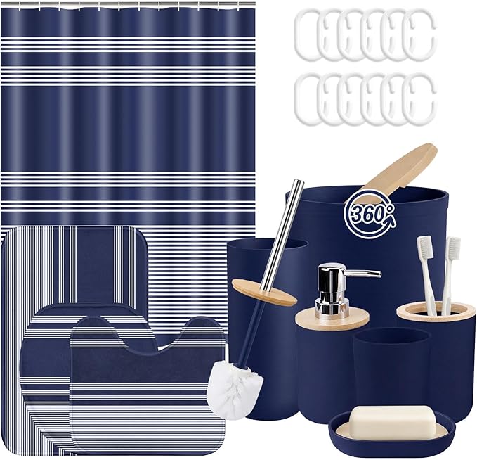 Navy Blue Bathroom Decor and Accessories Set, Striped Blue Shower Curtain and Rug Set with Trash Can, Soap Dispenser, Soap Dish, Toothbrush Holder, Toothbrush Cup, Toilet Brush