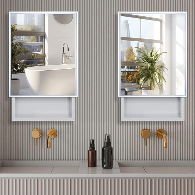16x26 Bathroom Mirror with Storage,Recessed & Surface Mount Medicine Cabinet,Bathroom Cabinet with Mirror,Wall Mounted Mirror Cabinet for Bathroom, Modern Sleek Design