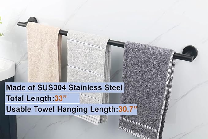 33 Inch Towel Bar 2 Pack for Bathroom 9/12/16/24/28/33 Inch Kitchen Hand Towel Holder Matted Black Stainless Steel 304 RUSTPROOF Wall Mount Towel Rod 2 of Pack (2, Matted Black, 33 Inch)