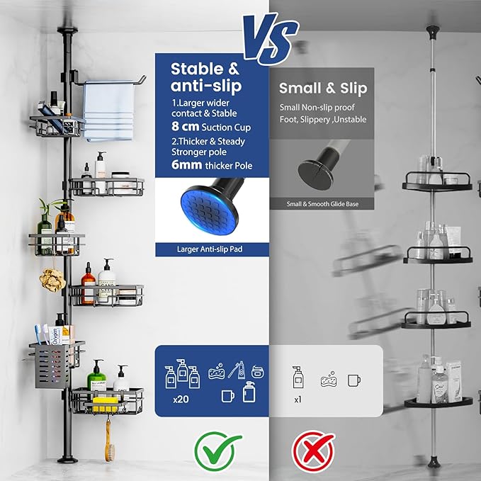 Corner Shower Caddy Organizer Tension Pole, Adjustable 6 Shower Shelves Corner Shelf 30-120Inch Rustproof Shower Rack for Inside Shower, Extra Towel Bar Soap Dish Bathroom Organizers and Storage Black