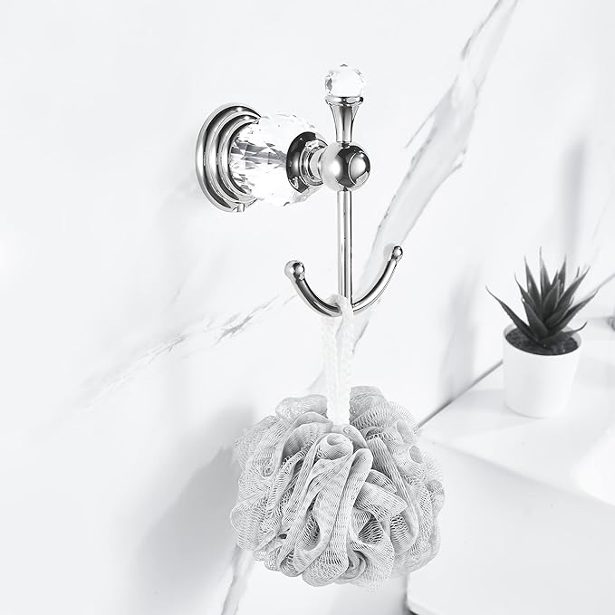 WINCASE Crystal Towel Hook Chrome, Bath Robe Hook, Silver Bathroom Wall Hooks Double for Coats Wall Mounted Modern Style