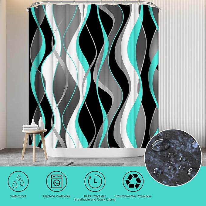 4Pcs Turquoise Shower Curtain Sets with Non-Slip Rugs, Toilet Lid Cover and Bath Mat, Black and Gray Bathroom Decor Set Accessories Fabric Waterproof Shower Curtains with 12 Hooks, 72 x 72 Inch