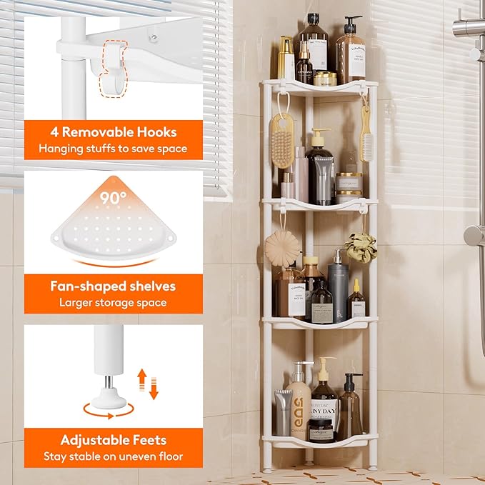 Lifewit Floor Standing Shower Caddy Corner, 4 Tier Plastic Shower Stand Rack with Adjustable Feet and Hooks, Rustproof Bathroom Shelf Organizer, White, 34 x 24 x 107 cm/13 x 9.5 x 42 inch