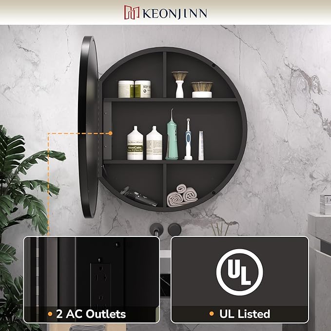 Keonjinn 30 Inch Round Lighted Medicine Cabinet, Black LED Medicine Cabinet Mirror, Circle, Electrical Outlet, 3 Color Lights, Anti-Fog, Dimmable, Surface Mount Only