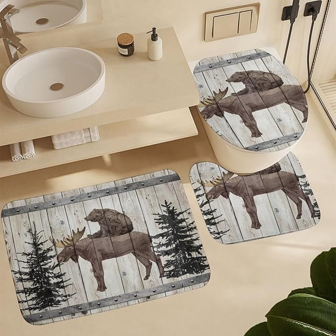 Funny Wildlife Bear Riding Moose Shower Curtain Sets with Rugs 4 Piece Accessories Bathroom Curtains Shower Set Include Shower Curtain Non-Slip Rug Toilet Lid Cover Bath Mat One Size