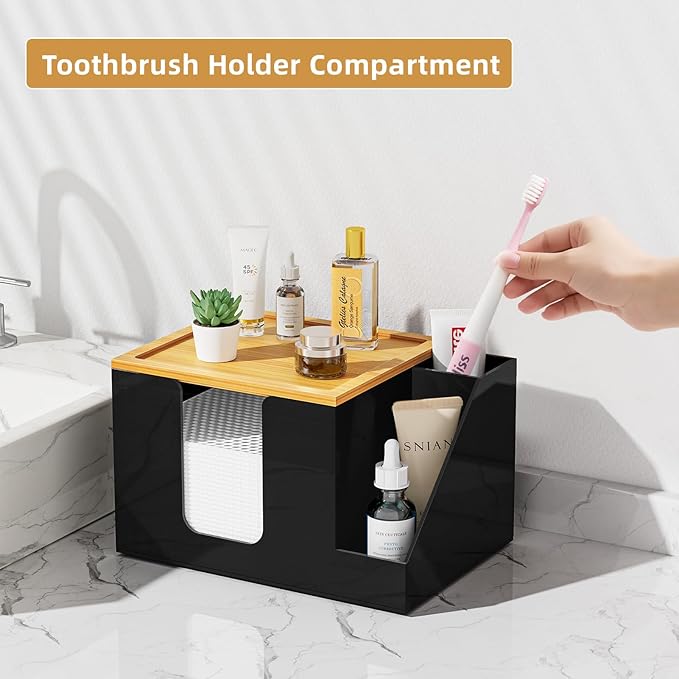 VITVITI Disposable Face Towel Holder Box, Acrylic Clean Skin Club Facial Towel Container with Toothbrush Holders, Large Disposable Face Towels Storage for Bathroom Vanity Makeup, Black