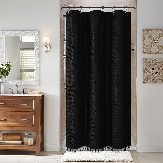BTTN Boho Stall Shower Curtain - 36x72 Narrow Tufted Leaves Textured Striped Tassel Shower Curtain Set with 6 Hook, Modern Farmhouse Vintage Country Shabby Chic Shower Curtains for Bathroom, Black
