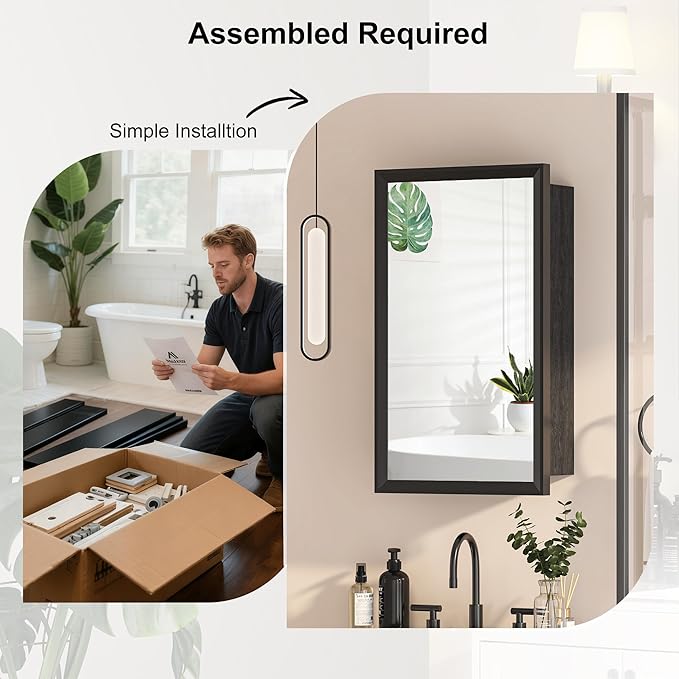 Black Bathroom Medicine Cabinet with Mirror,Beveled Aluminum Frame,16x27 Inch,Bathroom Mirror with Storage Wall Mounted,Medicine Cabinet Mirror,Assembly Required