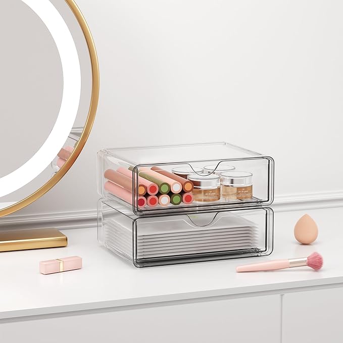 Bathroom Counter Organizer Clear - 2Pcs Stackable Makeup Countertop Organizer for Vanity - Multi-Purpose Skin Care Lipstick Cosmetic Organizer