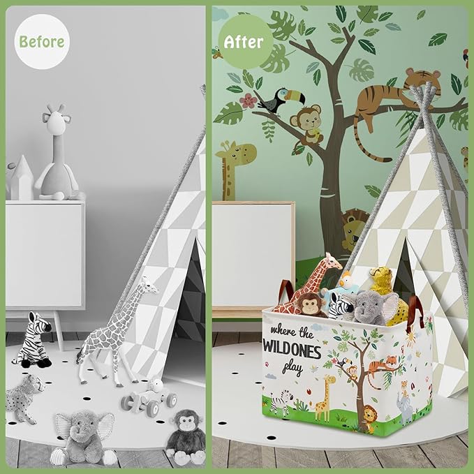 Jungle Safari Nursery Decor Basket -Elephant Giraffe Baby Boy Laundry Basket, Tropicals Laundry Hamper, Kids Toy Box Bin for Bedroom Bathroom Livingroom