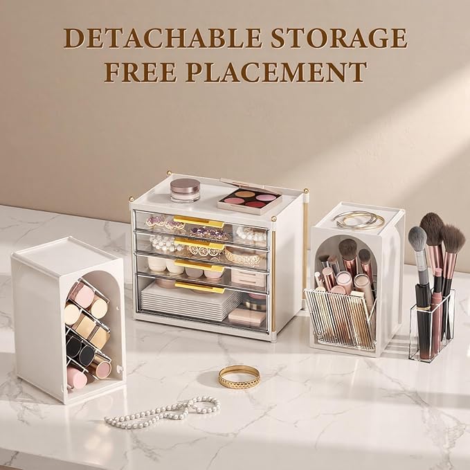 4-Tier Drawer Makeup Organizer, 3-in-1 Free Combination Cosmetic Storage with Lipstick Holder & Brush Rack, Skincare Organizer with Mini Tray for Vanity Bathroom Bedroom Dorm