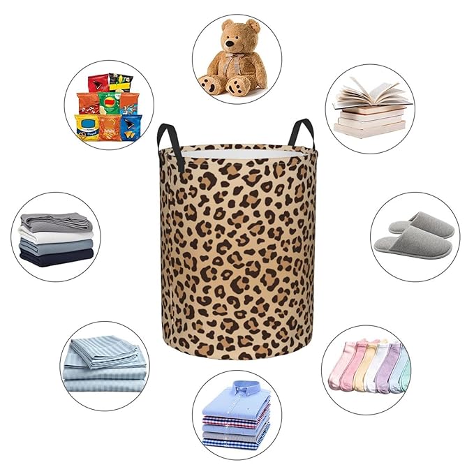 Leopard Print Round Laundry Hamper Animal Skin Texture Storage Basket Toys Clothes Organizer Bin For Home Bathroom Bedroom Dorm Nursery, 62l