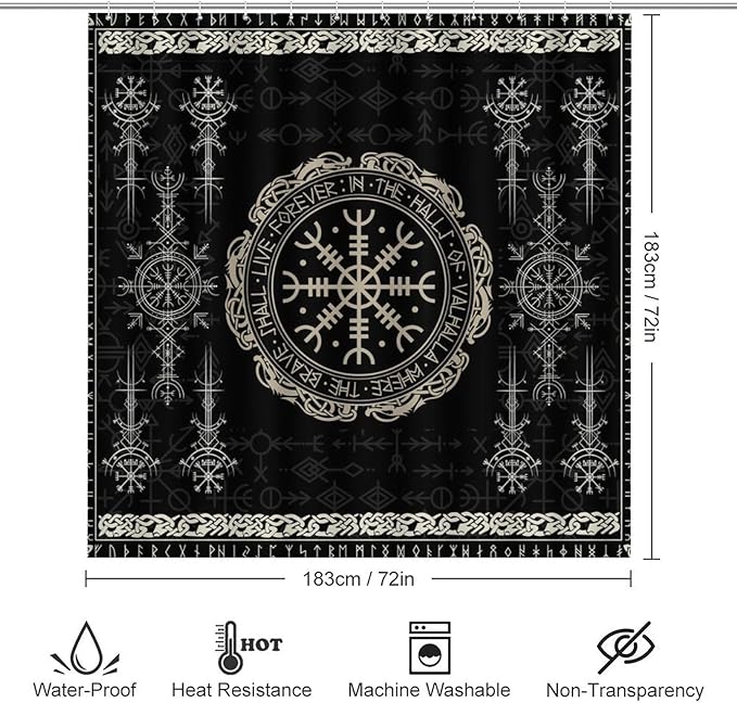 Brebasf Norse Vikings Print 4 Pcs Shower Curtain Bathroom Set Black Viking Magical Retro Compass Norse Mystical Symbol Shower Mat Shower Curtain with Rug 12 Hooks,72" W x 72" L