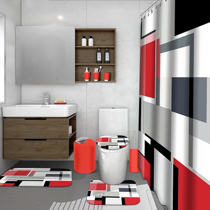 Lnond Red Bathroom Set, 23-Piece Red Black Geometric Bathroom Decor Set with with Shower Curtain and Rugs, Trash Can, Toilet Brush Holder Set & Soap Dispenser