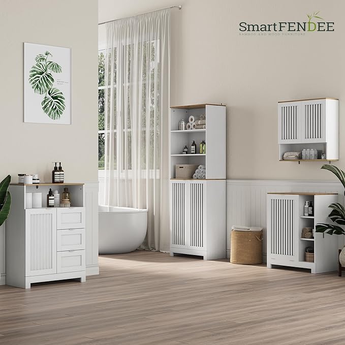 Smart FENDEE Bathroom Cabinet with Louvered Door, White Wall Mounted Cabinet with Adjustable Shelf for Bathroom, Laundry Room, Above Toilet Organizer