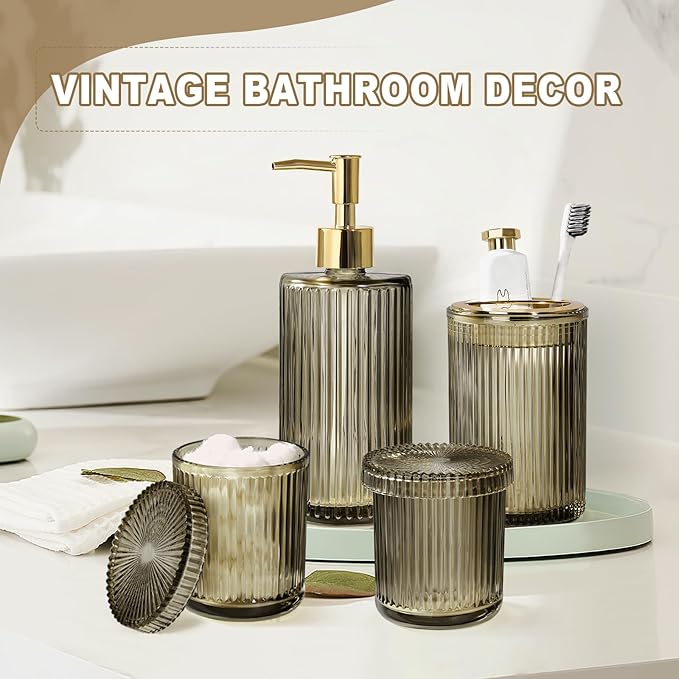 KASUNTING Brown Glass Bathroom Accessories 4 Pcs, Brown Bathroom Set, Soap Dispenser and Toothbrush Holder Set, Qtip Holder Set, Vintage Bathroom Sink Set, Modern Bathroom Decor