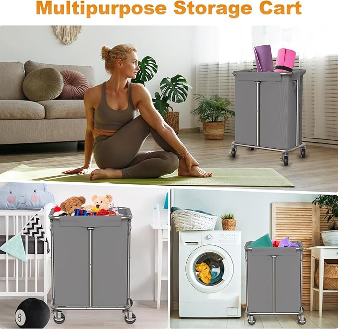 Hodonas Laundry Basket with Wheels, Rolling Laundry Hamper, 46 Gallons (170L), Removable and Machine Washable Liner, Steel Frame, Large Laundry Cart for Laundry Room, Bedroom, Bathroom, Dorm - Grey