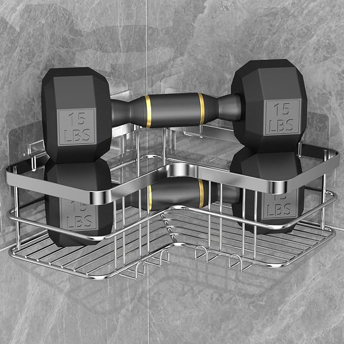 Yazoni Corner Shower Caddy, 4-Pack Adhesive Shower Shelves with Soap Holder No Drilling, Rustproof Bathroom Shower Organizer Storage, Silver