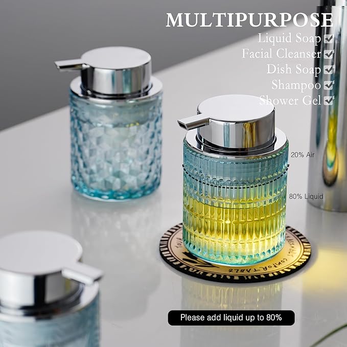 CICUFY Glass Foam Soap or Lotion Dispenser, Refillable Liquid Dispenser with Large Silver Pump (Striped Pattern-Blue)