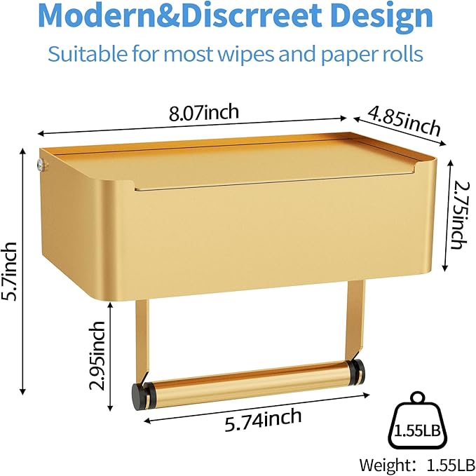 JUYSON Toilet Paper Holder with Shelf, Flushable Wipes Dispenser Fits for Bathroom Wipe Storage, Keep Your Wipes Hidden Out of Sight - SUS304 Stainless Steel Wall Mount Organizer (Color Gold)