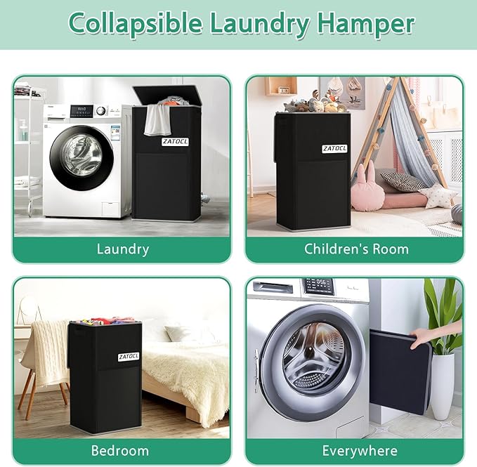 110L Laundry Hamper with Lid with Washing Bag & Front Mesh Bag, Large & Tall Laundry Basket, Collapsible Dirty Clothes Hampers for Bedroom Aesthetic, Bathroom, Dorm, Laundry Room - Easy Carry, Black