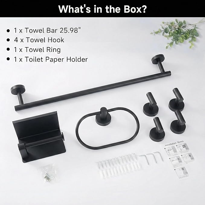 7-Piece Bathroom Hardware Accessories Set SUS304 Stainless Steel Towel Bar Set Wall Mounted 25.9-Inch Towel Rack, Towel Ring, Toilet Paper Holder with Shelf & 4 Hooks, Black