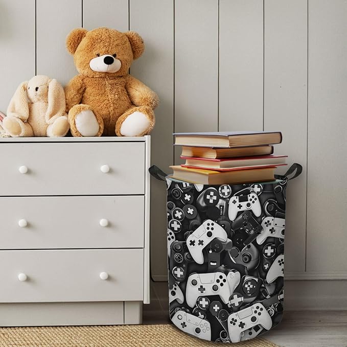 Gaming Gamer Laundry Basket, Toybox for Boys Room, Black and White Game Laundry Basket Hamper Waterproof Collapsible Clothes Toys Storage Bin Organizer for Bedroom Bathroom Boys Gamer Room