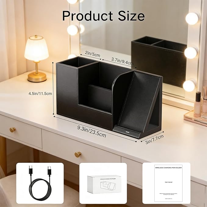 LADSTAG Makeup Brush Holder Organizer, Leather Makeup Brush Cup with Phone Charging Stand for Cosmetics, Nail Polish, Lipstick & Art Supplies ?€? Vanity Desktop Bathroom Organizer