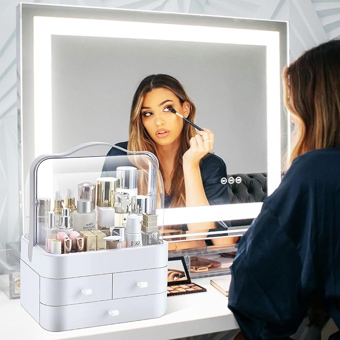 Skin Care Organizer Dustproof, Make Up Organizers and Storage with Lid, Skincare Organizers Preppy, Makeup Storage Box & Cosmetic Storage Box Waterproof for Vanity Countertop_White
