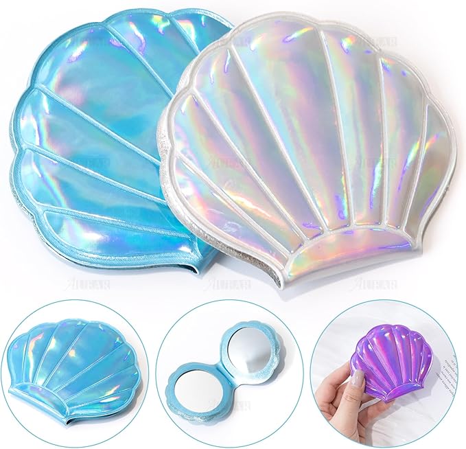AUEAR, 4 Pack Glitter Shell Mirror Double-Sided Magnification Makeup Mini Portable Foldable Handheld Compact for Purse Handbag Pocket Women Colors