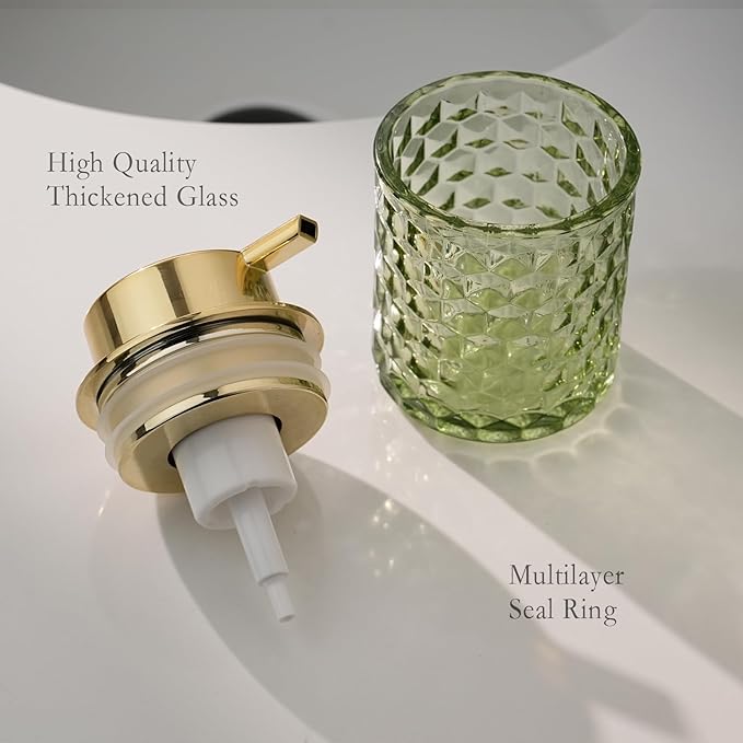 CICUFY Hand Soap Dispenser Glass, Refillable Liquid Dispenser for Bathroom & Kitchen,Lotion Dispenser with Large Gold Pump（Diamond Pattern-Green）