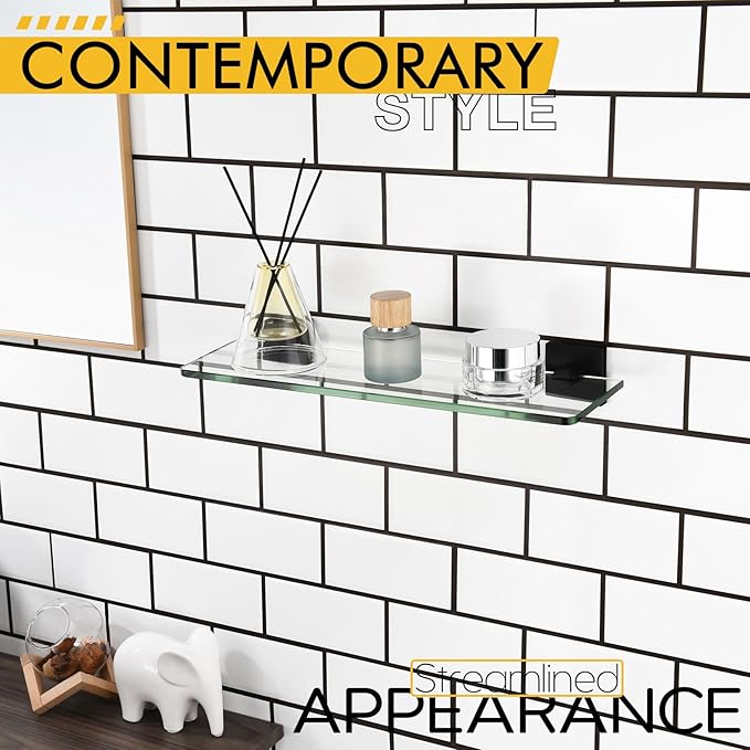 KOKOSIRI Bathroom Glass Shelf 16-Inch Tempered Glass Floating Shelves Shower Storage Kitchen Hanging Rack Wall Mount, Black Stainless Steel B1107BK-L16