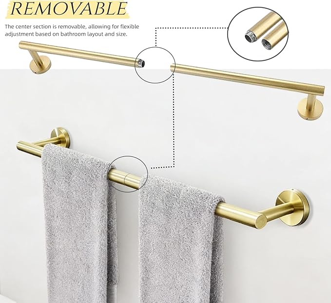 5Pcs Brushed Gold Bathroom Hardware Accessories, 24 Inch Bath Towel Bar Set, Toilet Paper Holder with Shelf, Stainless Steel Wall Mounted Towel Rack Set, Center Section Removable