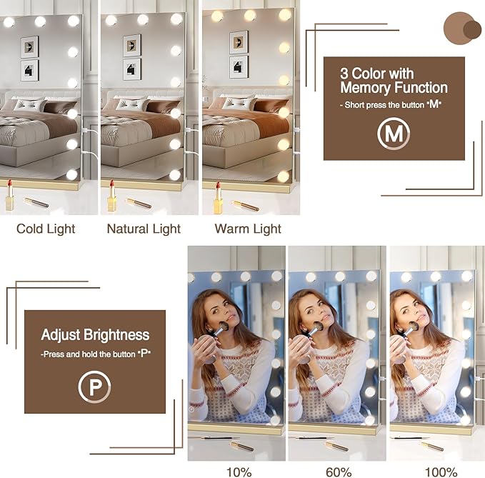 halumao Vanity Mirror with Lights, 31.5" x 23.6" Large Makeup Mirror with LED Lights, Smart Touch Dimmable 3-Color Light, Memory Function, USB Charging Port Gold