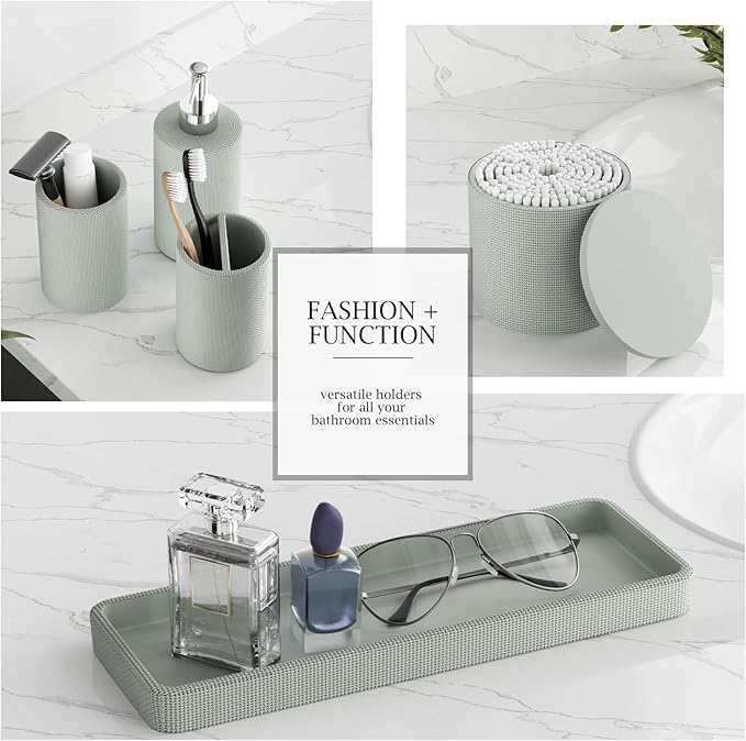 6-Piece Green Bathroom Set - Mesh Textured Resin Bathroom Accessories Set with Soap Dispenser, Toothbrush Holder, Cup, Vanity Tray & Apothecary Jars for Small Spaces