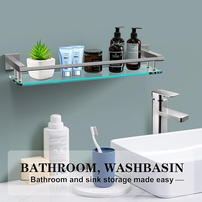 2 Pack Glass Shelf Bathroom Shelves for Bathroom 21inch Rectangular Holder Brackets Stainless Steel Tempered Glass Modern Toilet Storage Stand Mount Accessories Brushed Nickel