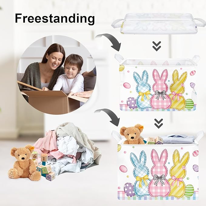 Clastyle Easter Rabbit Cross Kid Storage Basket Baby Laundry Hamper Boy Girl Gift Toy Box Collapsible Egg Clothes Organizer Nursery Bin for Bedroom,Bunny,40x30x30 cm