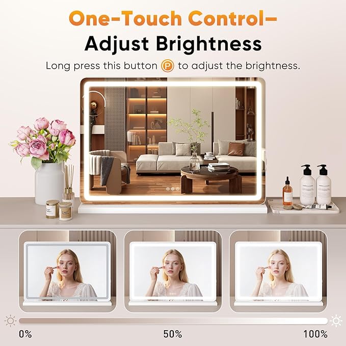 OLIXIS 22"x32" Lighted Vanity Mirror with Lights, Dimmable 3 Color Modes Makeup Mirror with Memory Function, USB Charging, Aluminum Frame, Lighted Mirror for Desk or Bedroom