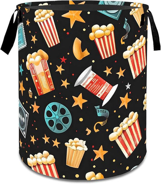 Popcorn Film Reel Star Laundry Basket,Fun Food Dirty Clothes Hamper,Movie Night Storage Bin Gifts,Foldable Waterproof Oxford Cloth Baskets for Bedroom,Bathroom,Home Decoration(19.7" x 15.8")