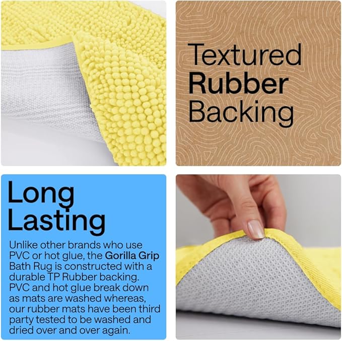 GORILLA GRIP Plush Absorbent Shaggy Chenille Bath Rug Mat for Oval Toilet Base with Rubber Backing, Machine Washable Rugs, Soft Microfiber Contour Mats for Toilets, Bathroom Decor, Yellow