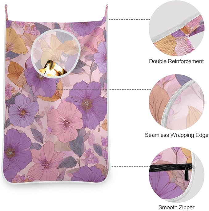 Hanging Laundry Hamper Bag Over the Door Laundry Hamper Wall Hamper Large Dirty Clothes Hamper with Stainless Steel Hooks 29.5X20inch 2 PCs Purple Floral