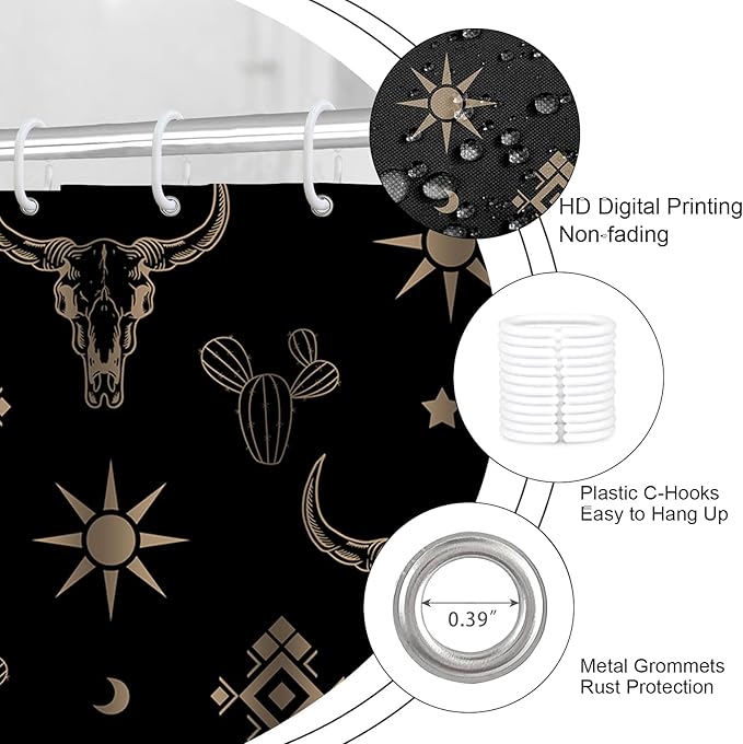 4Pcs Cow Skull Western Shower Curtains for Bathroom Decor Sets with Rugs, Sun and Cactus Farmhouse Shower Curtain for Bathroom, Black Gold Washable Fabric with 12 Hooks, Set de baño completo